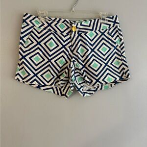 Laurence and Lillian Geometric Print High-Waist Women's Shorts in Navy & Mint